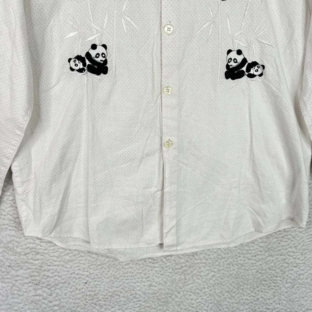 Vintage Panda Bamboo Embroidered Button Down Shirt White Mini Polka Dots Mens‎ M